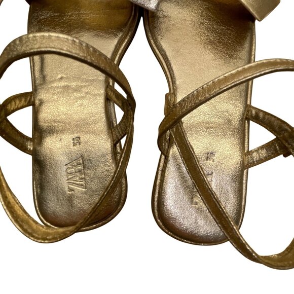 Zara Women’s Gold Metallic Adjustable Strap Bow Flat Sandals Size 6.5US - Picture 6 of 7